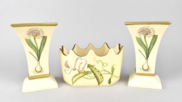 A Pair of Carolyn Sheffield Vases and a Wavy Rimmed Bowl Decorated with Vegetables