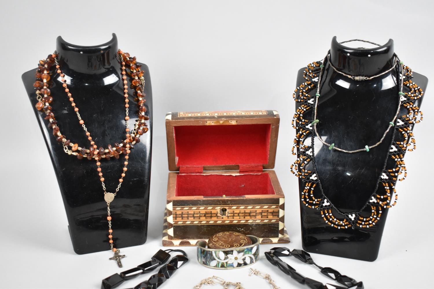 A Wooden Inlaid Casket Collection of Various Jewellery Items to include Amber Mounted Necklace and - Image 2 of 3