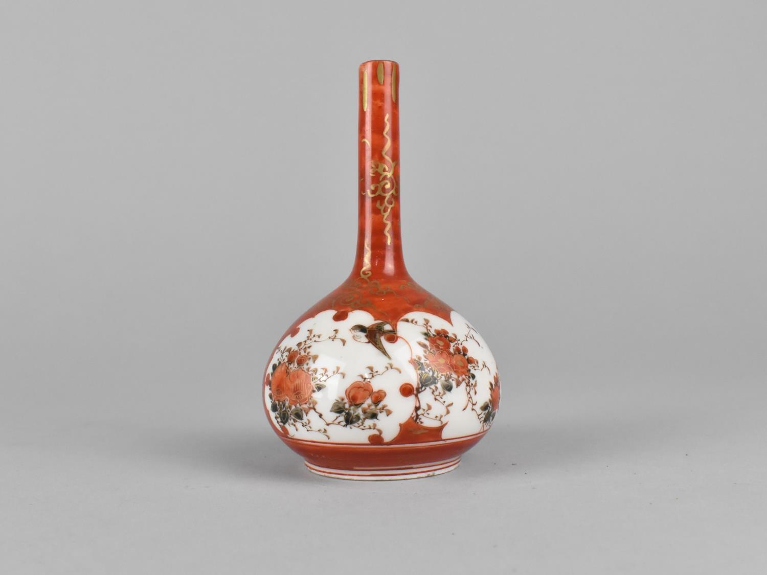A Small Satsuma Bottle Vase Decorated with Birds and Flowers, 11.5cms High