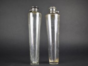 Two Vintage Conical Glass Hunting Saddle Flasks with Silver Plated Tops, 22cms Long