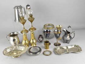 A Collection of Various Metalware to Comprise Silver Plate Tankard, Goblets, Jug, Brass Oil Lamps,