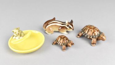 A Small Wade Pin Dish with Lion Cub Finial Together with Two Wade Tortoises and a USSR Chipmunk