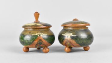 A Pair of Hand Painted Treen Wooden Lidded Bowls on Three Ball Feet, Decoration Depicting Colonial