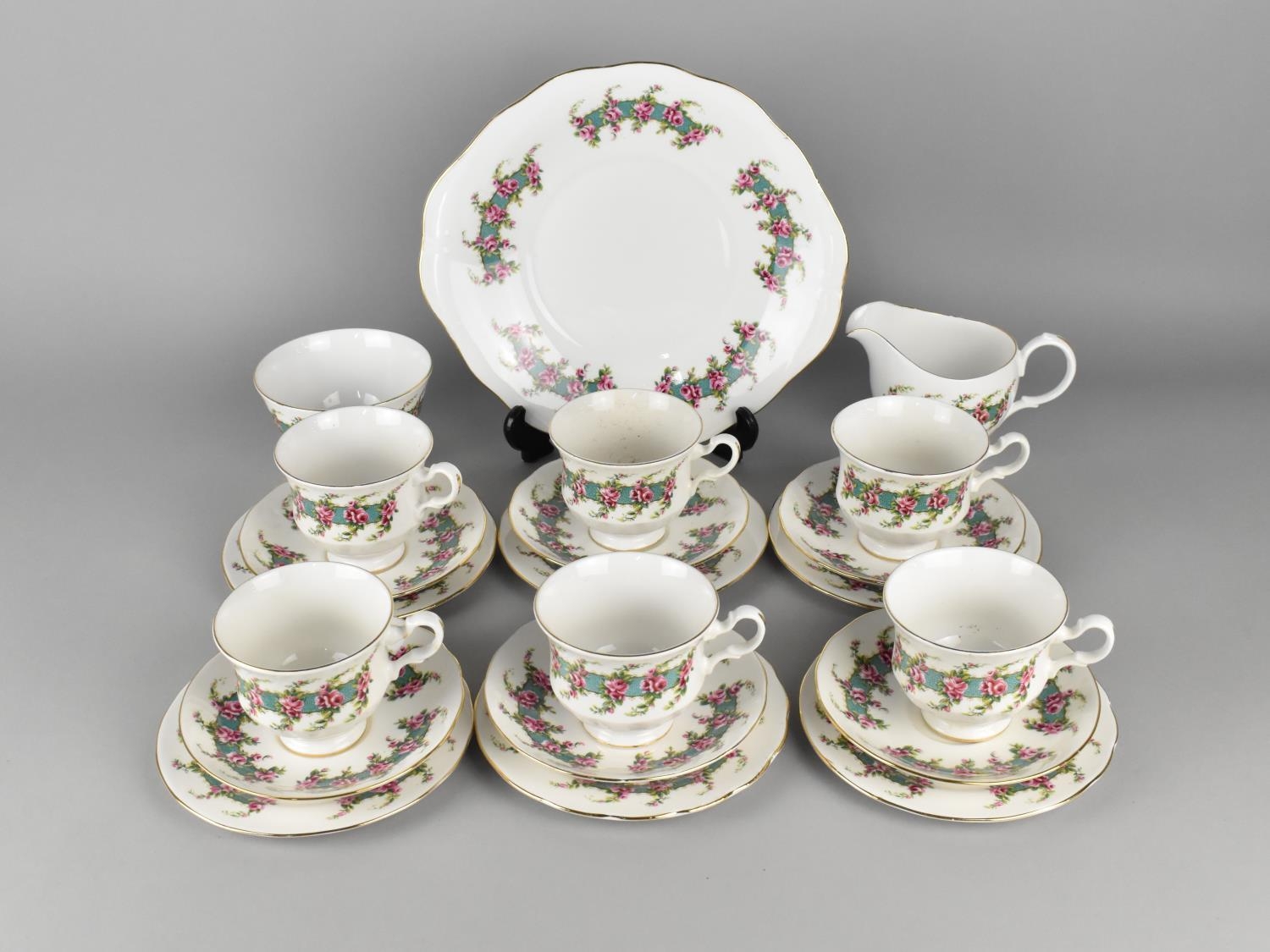 A Royal Kent Rose Banded Tea Set to Comprise Cake Plate, Six Cups, Six Saucers, Six Side Plates,