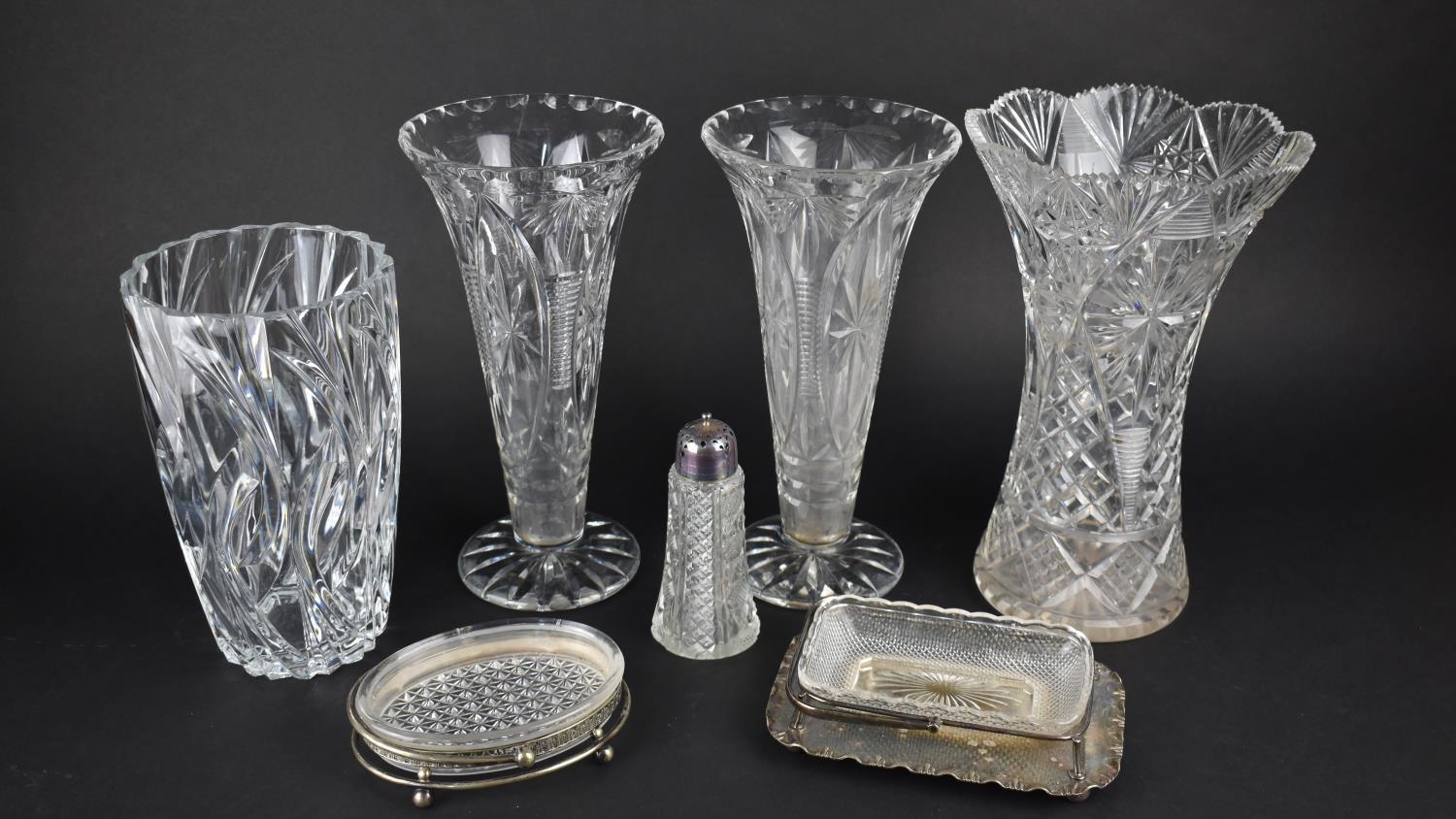 Four Large Glass Vases to Include Three Cut Glass Examples together with Two Silver Plate and