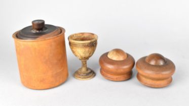 A Collection of Various Treen to include Cylindrical Pot, Egg Cup and Pair of Whipping Tops