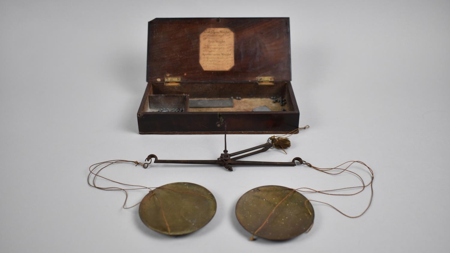 An Early/Mid 19th Century Mahogany Box Containing Apothecary Pan Scales, Hinged Lid with Printed - Image 2 of 3