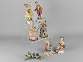 Three Pairs of Capo Di Monte Figures, Dandy and Lady together with a Blue Bird Group