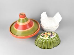 A Glazed Egg Crock, Ceramic Wall Hanging Mould and a Tagine