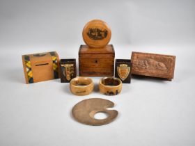 A Collection of Various Treen to include Mauchline Ware Boxes, University College Matchbox