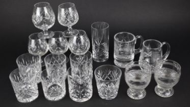 A Collection of Cut Glass Drinking Glasses to Comprise Tumblers, Brandy Balloons and Two Tankards