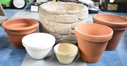 A Collection of Three Terracotta, One Reconstituted Stone and Other Patio Garden Planters, Tallest