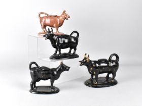 Four 19th/20th Century Cow Creamers to Include Three Jackfield Black Glazed Examples (Some Condition