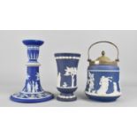 Three Pieces of Wedgwood Jasperware to Comprise Candlestick, 16cm and a Vase 12.5cm and a Lidded Pot