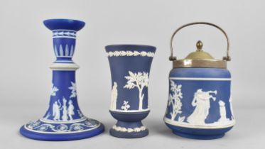 Three Pieces of Wedgwood Jasperware to Comprise Candlestick, 16cm and a Vase 12.5cm and a Lidded Pot