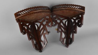 A Pair of Edwardian Fret Cut Corner Wall Hanging Sconces with Pierced Galleries, 27cms High