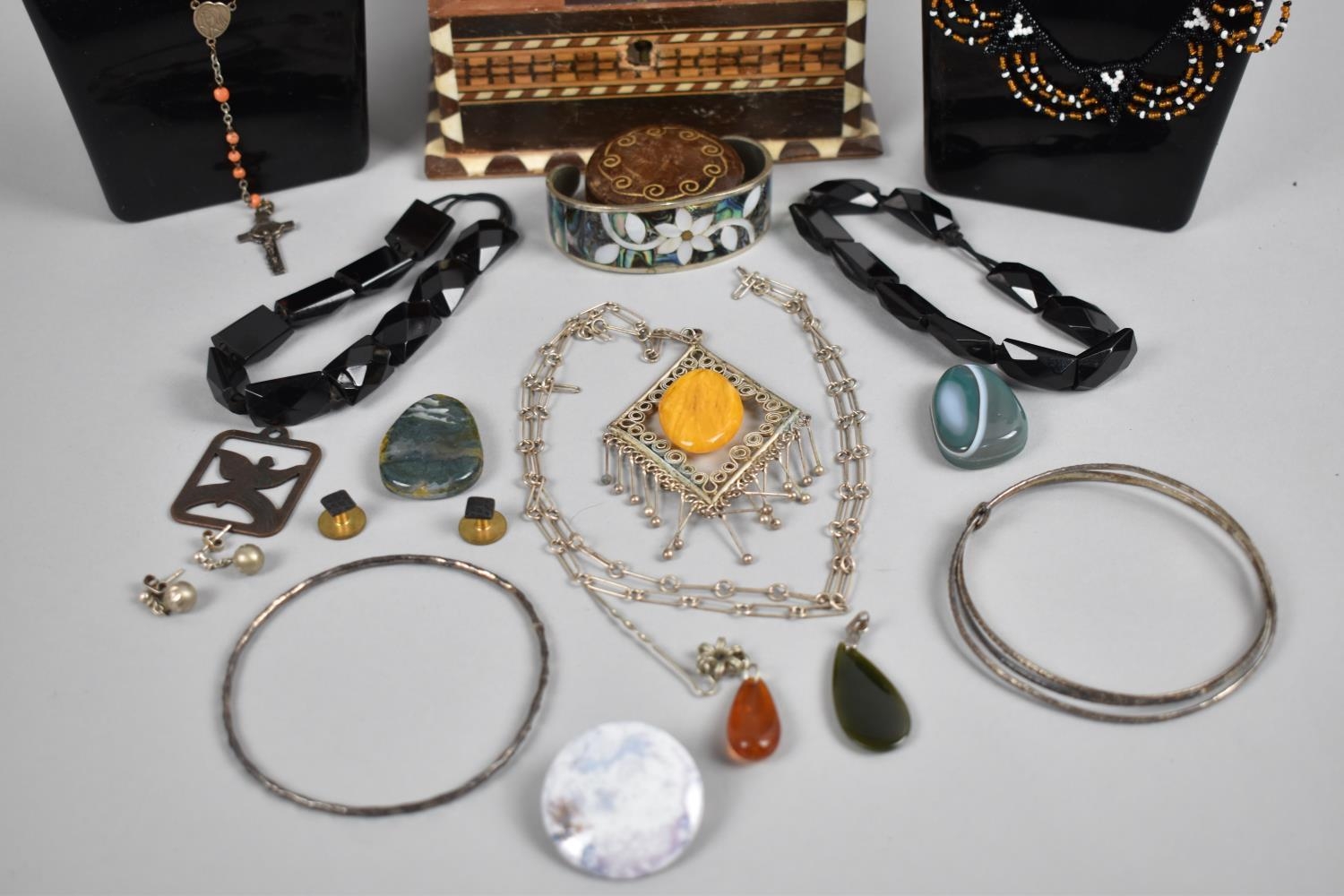 A Wooden Inlaid Casket Collection of Various Jewellery Items to include Amber Mounted Necklace and - Image 3 of 3