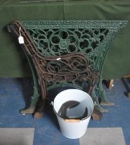 A Pair of Cast Iron Garden Bench Ends together with a Green Painted Pair of Cast Iron Table Ends