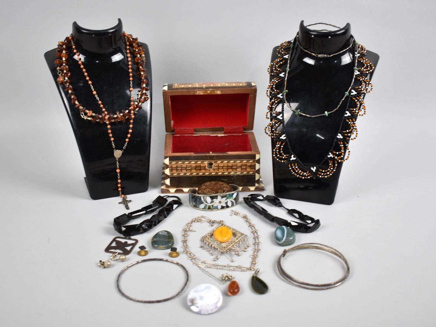 A Wooden Inlaid Casket Collection of Various Jewellery Items to include Amber Mounted Necklace and