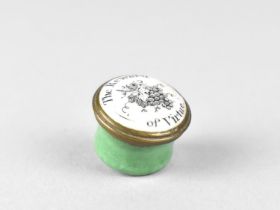 A Miniature Circular Enamelled Pill Box, Lid Inscribed The Reward of Virtue, 2cms Diameter
