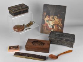 A Collection of Various Curios to Comprise Toleware Cash Tin, Treen Spoon, Treen Butter Mould etc