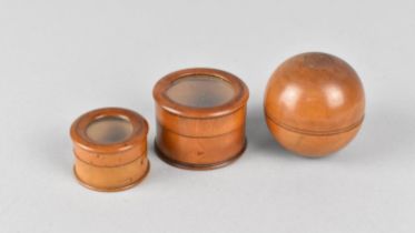 A Collection of Three Treen Boxes, Two Circular Examples with Glazed Lids and Single Globular