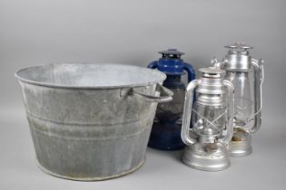 Three Paraffin Hurricane Lamps together with a Galvanised Iron Two handled Mop Bucket, 37 cms