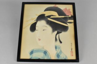 A Framed Japanese Painting Print on Silk, Subject 22.5x25.5cm