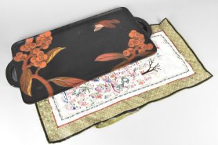 An Oriental Lacquered Two Handled Tray and a Silk Embroidered Panel