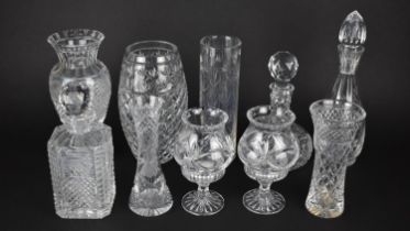 A Collection of Cut Glass to Comprise Vases, Hurricane Lamps, Decanters etc