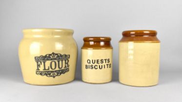 Three Stoneware Pot, One for 'Flour' and Another for 'Quests Biscuit'