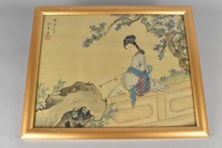 A Framed Oriental Silk Painting Print, subject 34x27cm