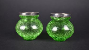 A Pair of Green Crackle Glass and Silver Topped Pots, Birmingham Hallmark, by Jones & Crompton, 6.