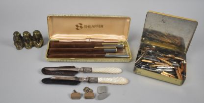 A Mid 20th Century Sheaffer Pen Set Together with Tin Containing Pen Nibs, Brass Monkeys,