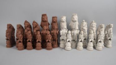 A Moulded Plaster Chess Set, Pieces on the Form of Anthropomorphic Animals, Kings 19cms High