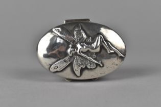 A Silver Pill Box with Embossed Fairy Decoration to Lid, London Hallmark 1990 by Ari D Norman, 5x3cm