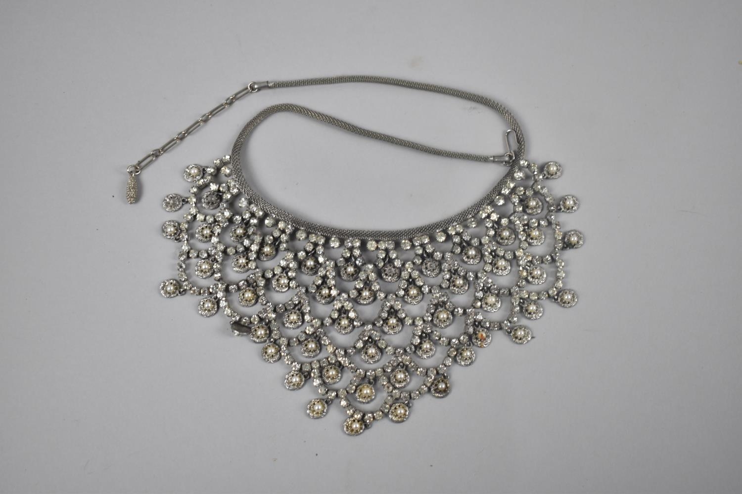 A Vintage Rhinestone and Faux Pearl Mounted Bib Necklace in Vintage Box for Dixon-Phillip Diamond