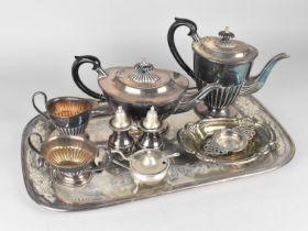 A Collection of Silver Plate to Comprise Four Piece Tea Service, Tray, Cruets etc