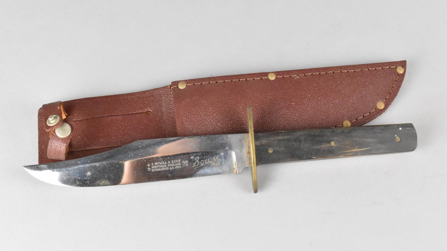 A Mid/Late 20th Century Bowie Knife by Nowill and Sons in Leather Sheath, Horn Scales, 26cms Long - Image 2 of 2