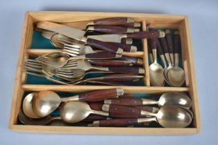 A Set of Far Eastern Wooden Handle Brass Cutlery in Fitted Cutlery Tray, 34cms Wide