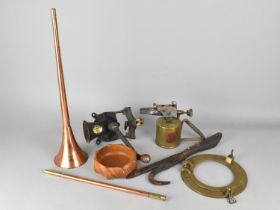 A Collection of Various Sundries to Comprise Cast Metal Mincer, Copper and Brass Coaching Horn,