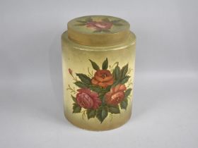 A Modern Floral Painted Cylindrical Storage Jar in the Form of a Tea Caddy, 27cms High