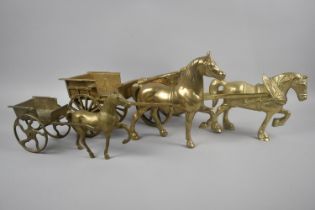 A Collection of Three Heavy Moulded Brass Ornaments, Horses and Carts, Largest 39cms Long
