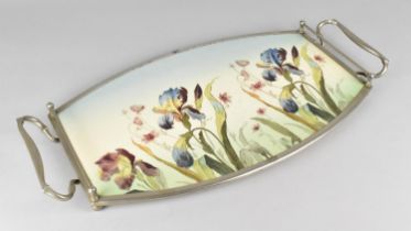 An Early 20th Century Silver Plate and Porcelain Tray, Iris Pattern, 54cms Long with End Galleries