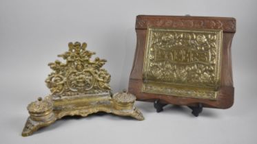 A French Brass Desktop Inkstand and Letter Rack with Two Inkwells together with an Edwardian Wall