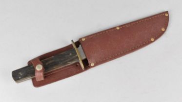 A Mid/Late 20th Century Bowie Knife by Nowill and Sons in Leather Sheath, Horn Scales, 26cms Long