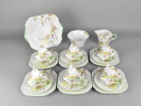 An Art Deco Shelley Ideal China Hand Painted Fenced Landscape Pattern Tea Set with Green Trim to