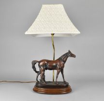 A Modern Figural Table Lamp and Shade with Bronze Effect Stallion on Wooden Base, 61cms High Overall