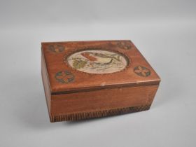 A Vintage Work Box with Removable Tray and Oval Upholstered Top Decorated with Robin, 17cms Wide