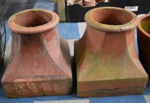 A Pair of Terracotta Chimney Pots Having Circular Tops to Square Bases, 39cm high
